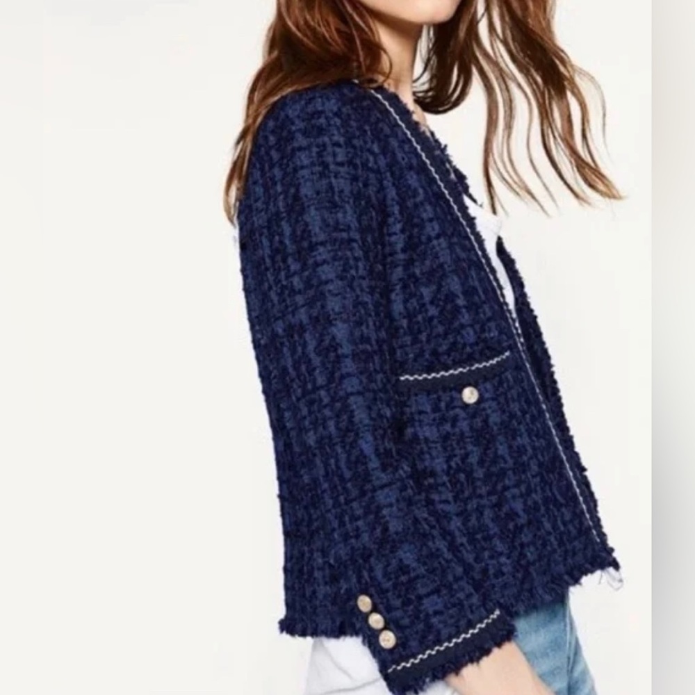 Zara Navy Tweed Blazer with Gold Buttons - Picture 3 of 10